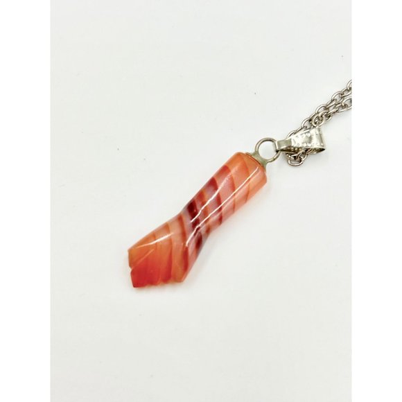 Vintage Striped Agate Mano Figa Pendant Necklace Genuine Stone Silver Tone Chain - Picture 6 of 7